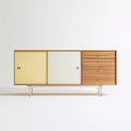 Komoda do salonu z MDF i fornirem orzechowym, żółto-kremowa, 180 x 45 x 85 cm
