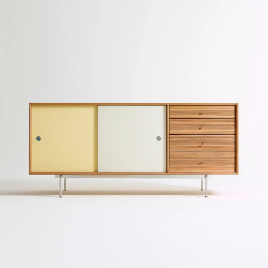 Komoda do salonu z MDF i fornirem orzechowym, żółto-kremowa, 180 x 45 x 85 cm