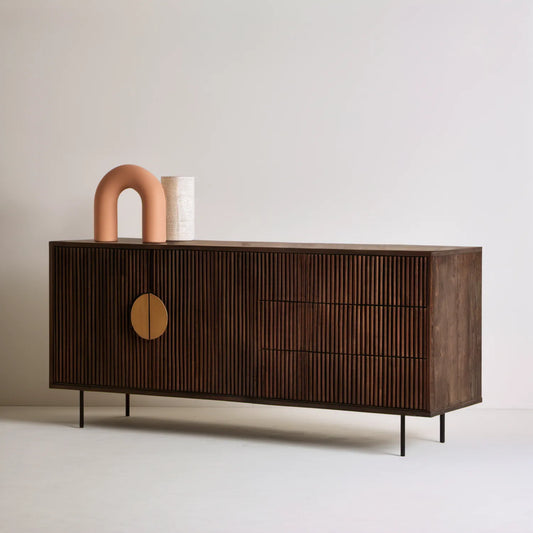 Komoda z ryflowanymi drzwiami, MDF i stalowymi nogami, ciemny orzech/czarny/złoty, 160 × 40 × 80 cm
